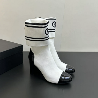 Double-C Patent Leather Knitted Ankle Boots