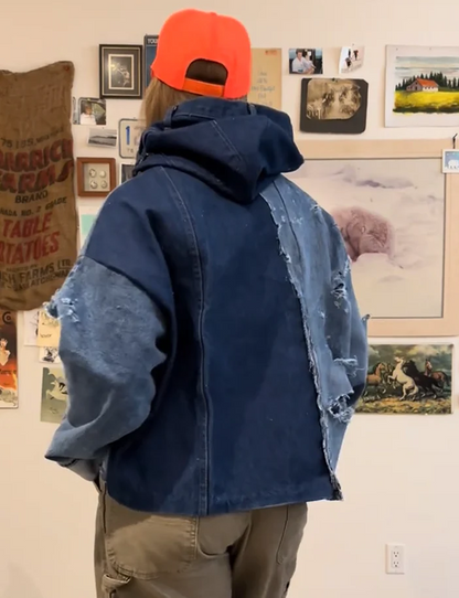 Denim patchwork ripped hoodie