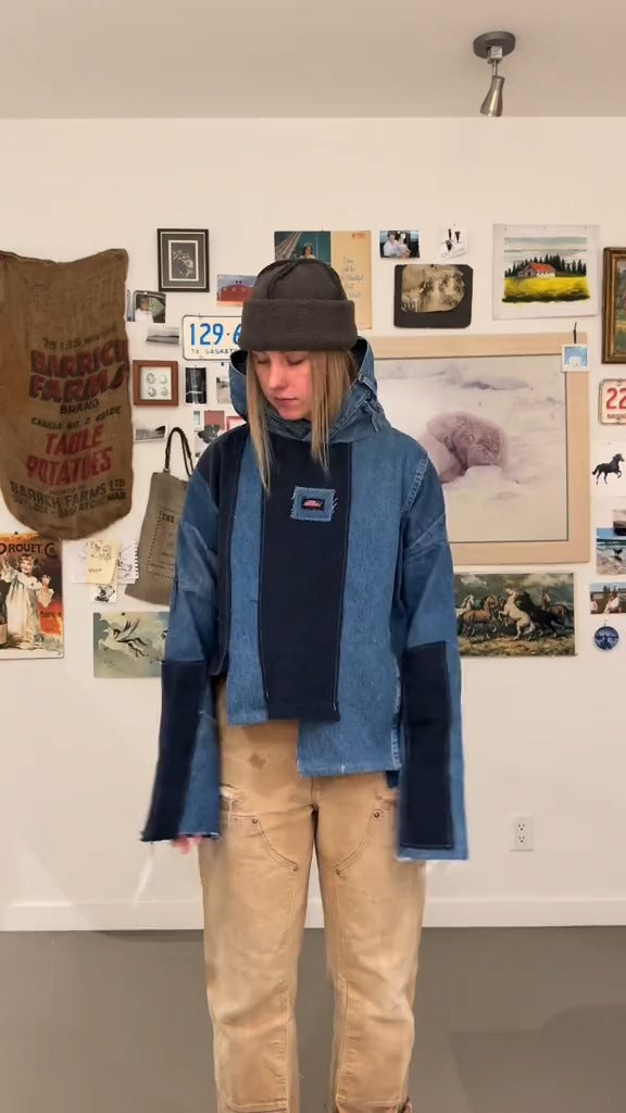 Patchwork irregular denim hoodie