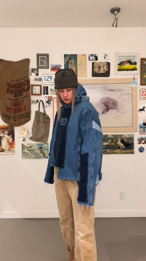 Patchwork irregular denim hoodie