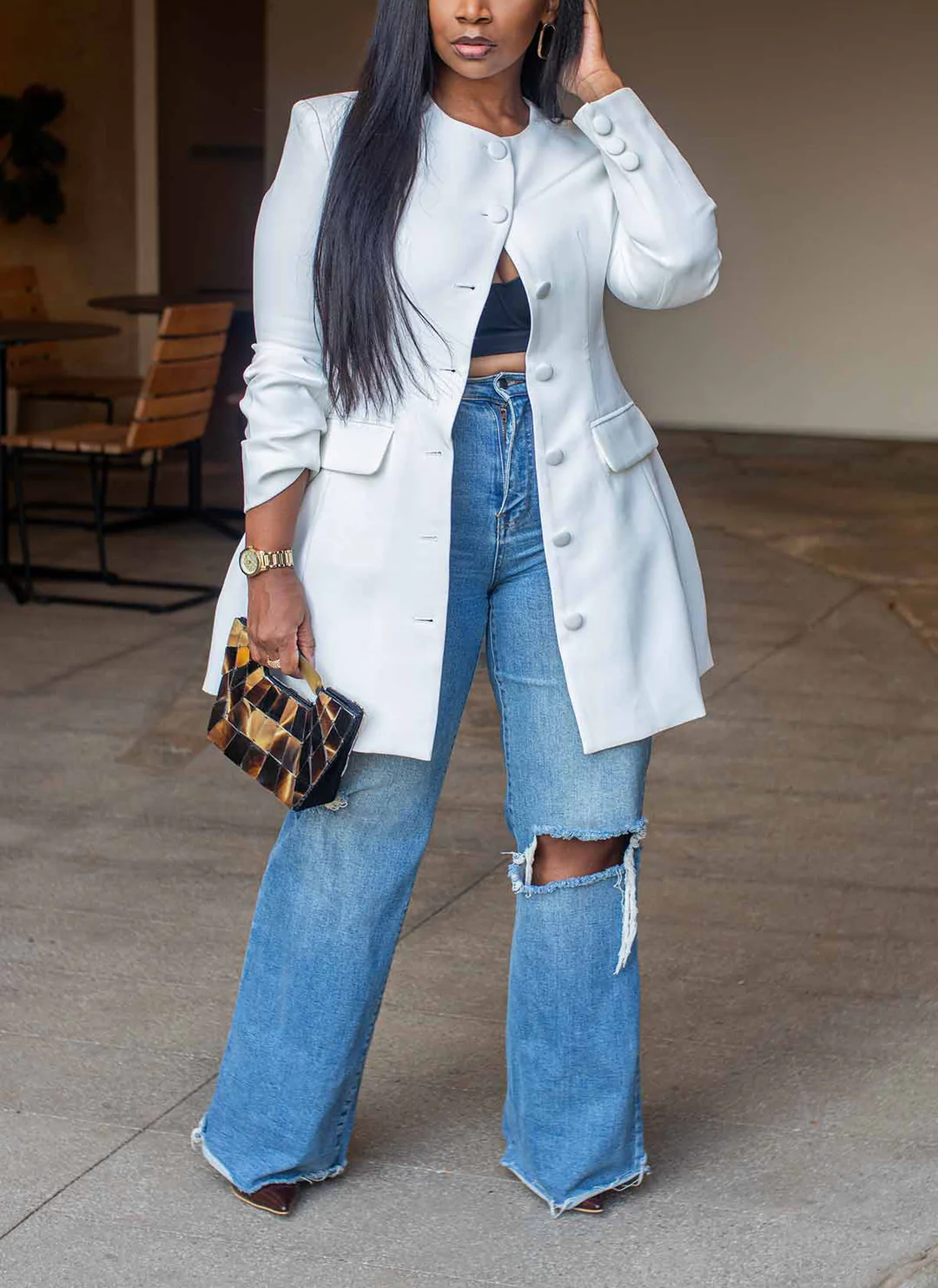 Collarless Blazer Button-Up Dress / Coat