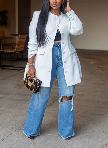 Collarless Blazer Button-Up Dress / Coat