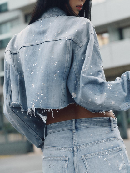 Strass cropped denim jacket + pants