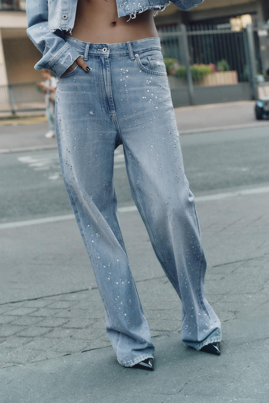 Strass cropped denim jacket + pants