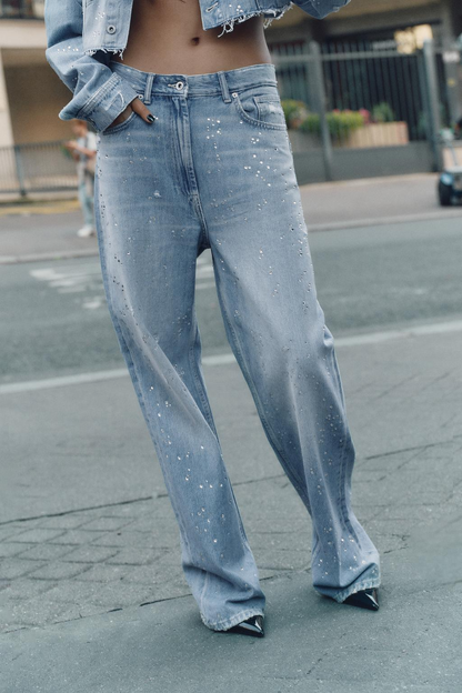 Strass cropped denim jacket + pants