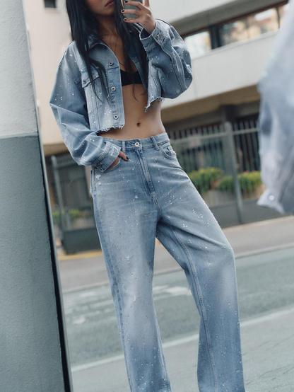 Strass cropped denim jacket + pants