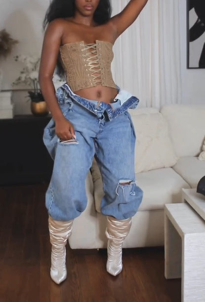 Ruffled Distressed Denim Jeans