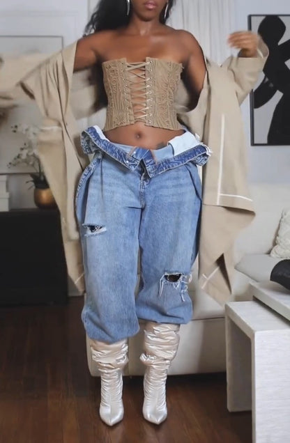 Ruffled Distressed Denim Jeans