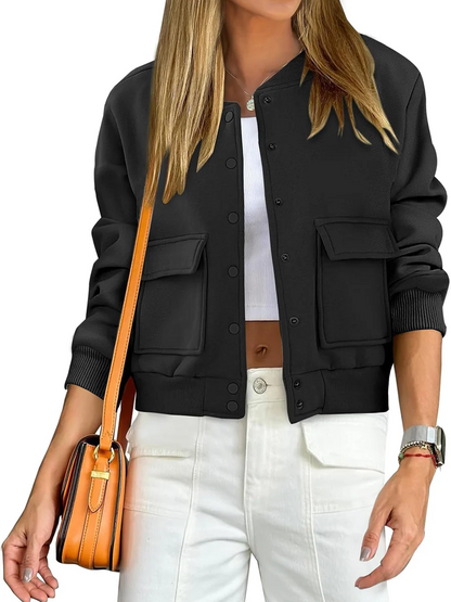 Thread Double Pocket Cropped Bomber Jacket