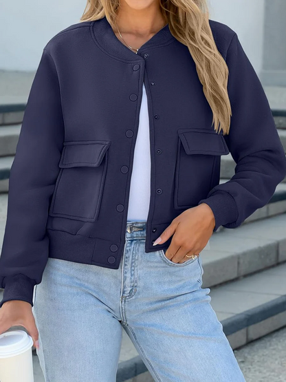 Thread Double Pocket Cropped Bomber Jacket