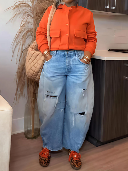 Thread Double Pocket Cropped Bomber Jacket