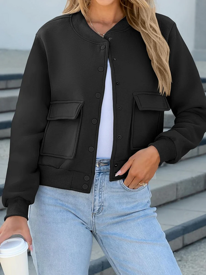 Thread Double Pocket Cropped Bomber Jacket