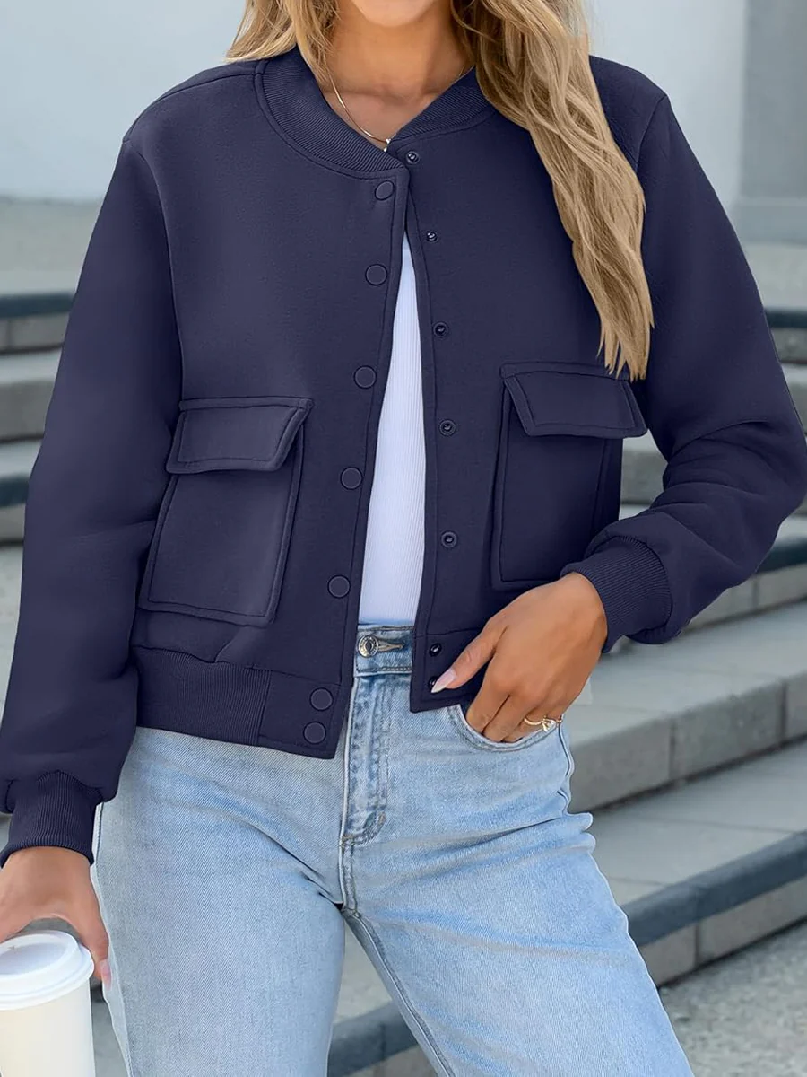 Thread Double Pocket Cropped Bomber Jacket