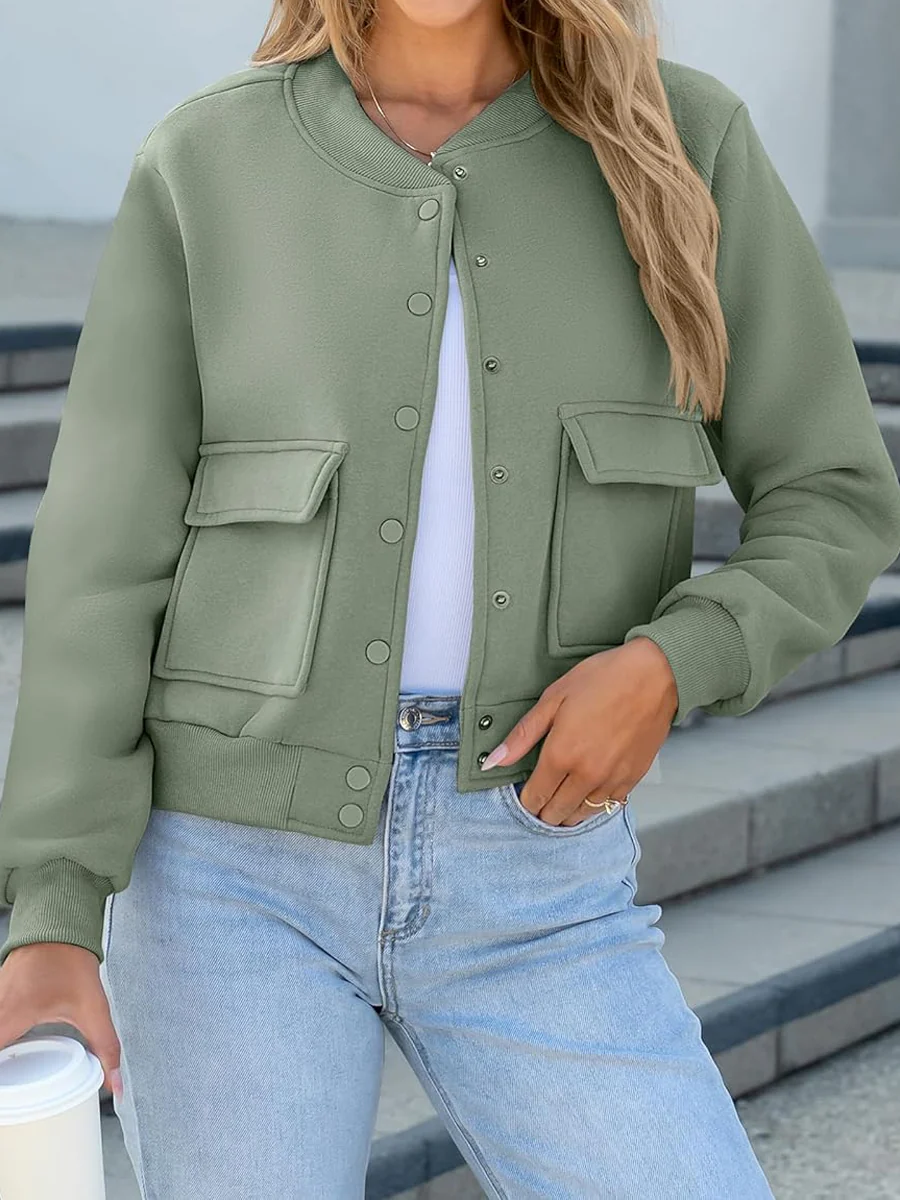 Thread Double Pocket Cropped Bomber Jacket