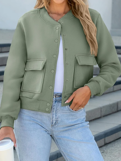 Thread Double Pocket Cropped Bomber Jacket