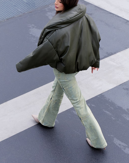 Exaggerated Collar PU Cropped Puffer Coat