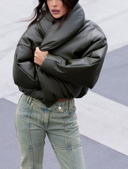 Exaggerated Collar PU Cropped Puffer Coat