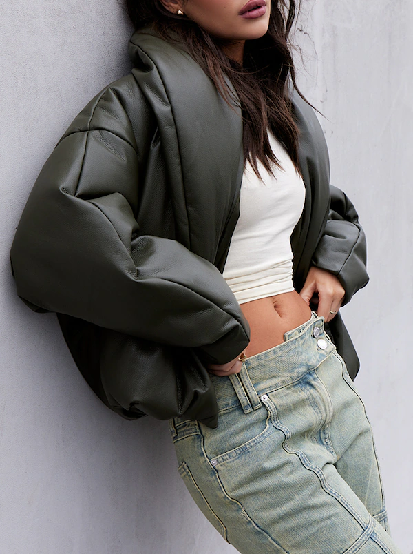 Exaggerated Collar PU Cropped Puffer Coat