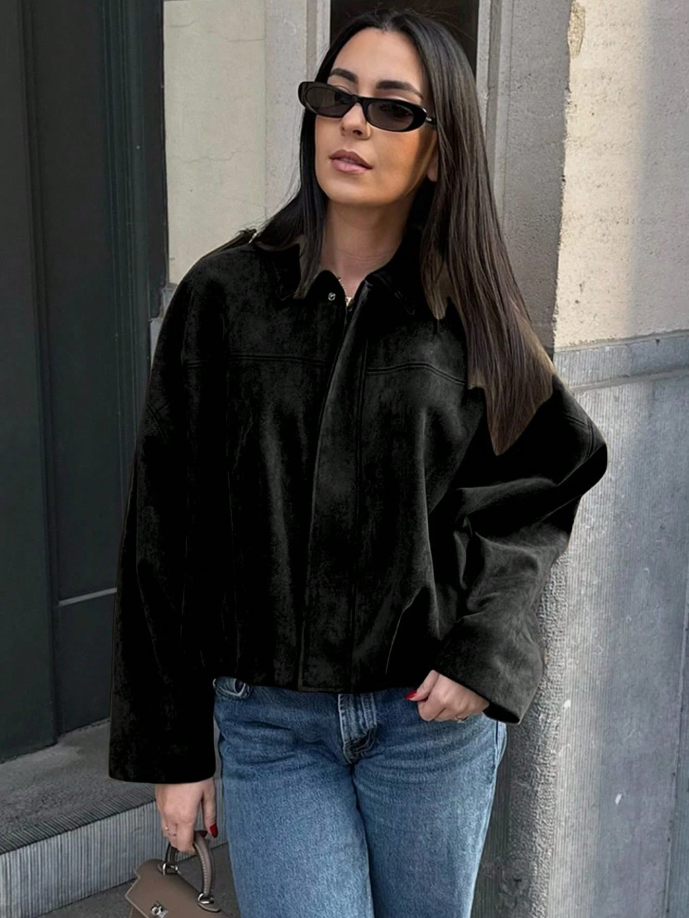 Turndown Collar Long Sleeve Zipper Loose Jacket