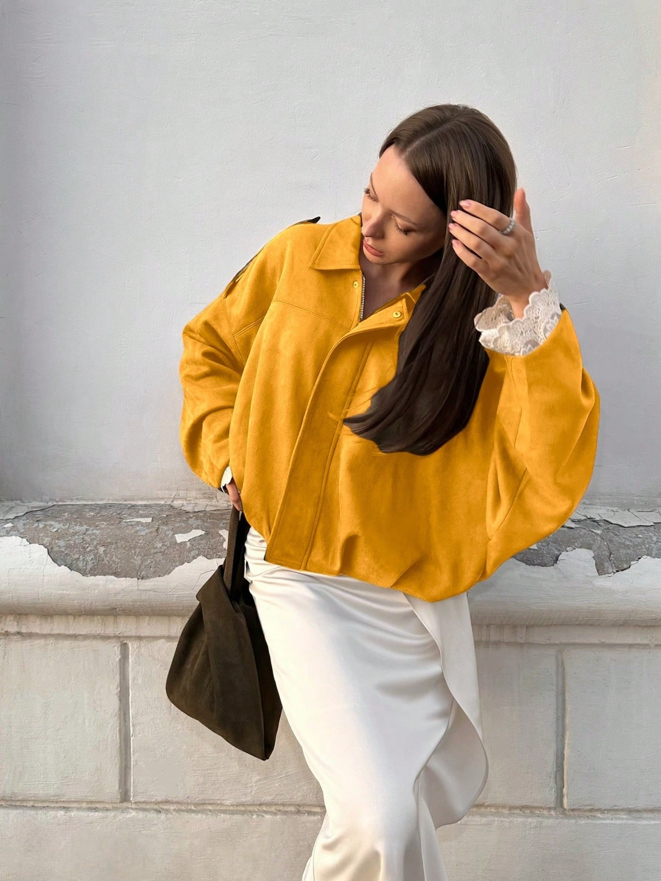 Turndown Collar Long Sleeve Zipper Loose Jacket