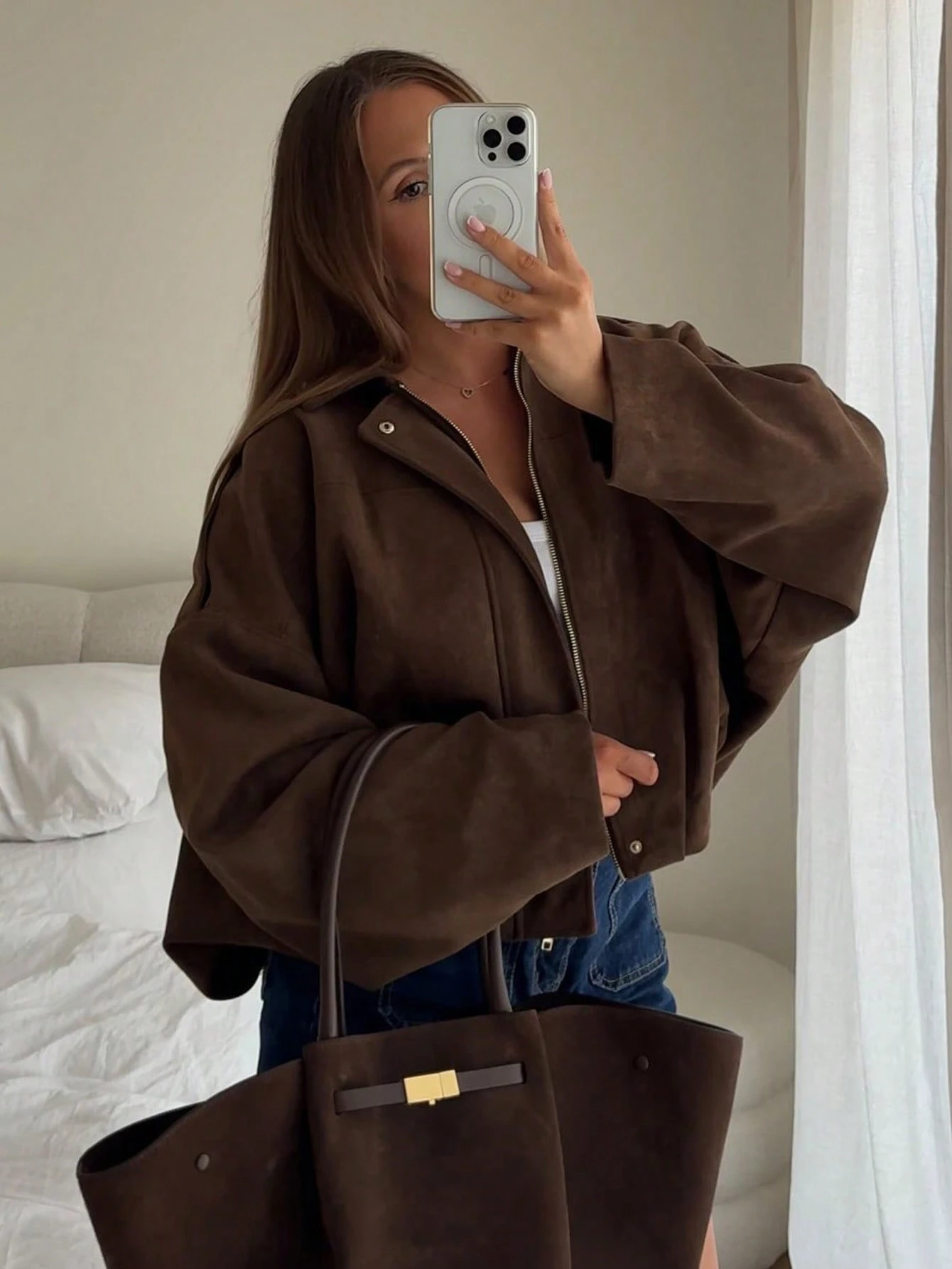 Turndown Collar Long Sleeve Zipper Loose Jacket