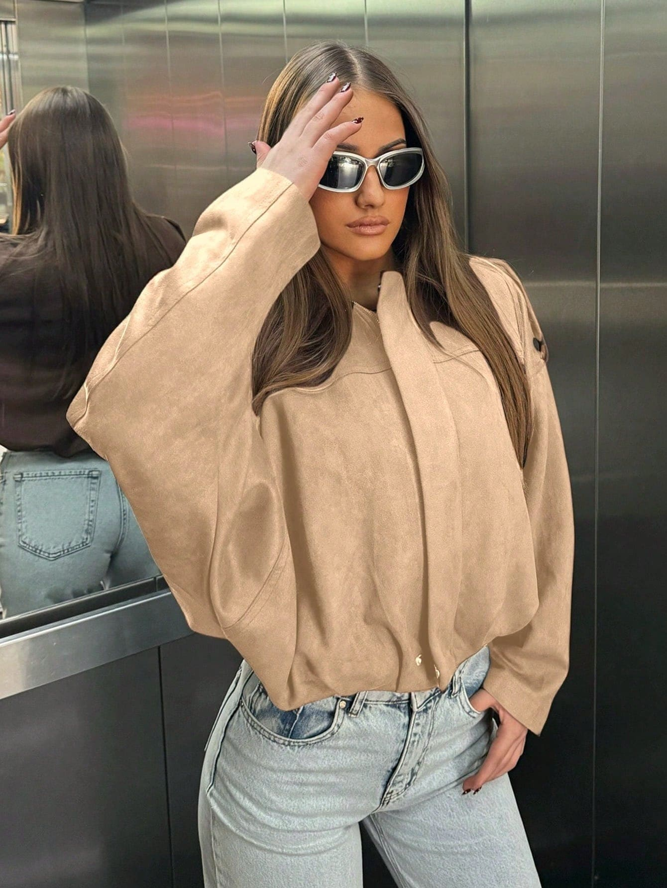 Turndown Collar Long Sleeve Zipper Loose Jacket