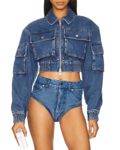 Cropped Denim Bomber Jacket