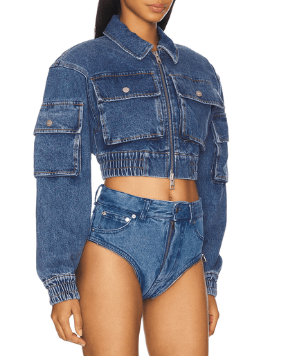 Cropped Denim Bomber Jacket