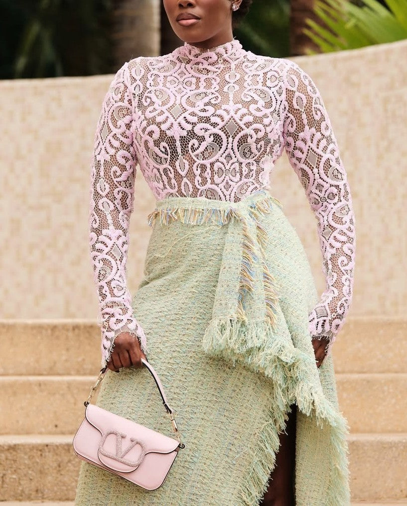 Openwork knit top + knit slit skirt