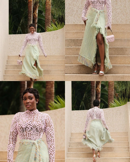 Openwork knit top + knit slit skirt