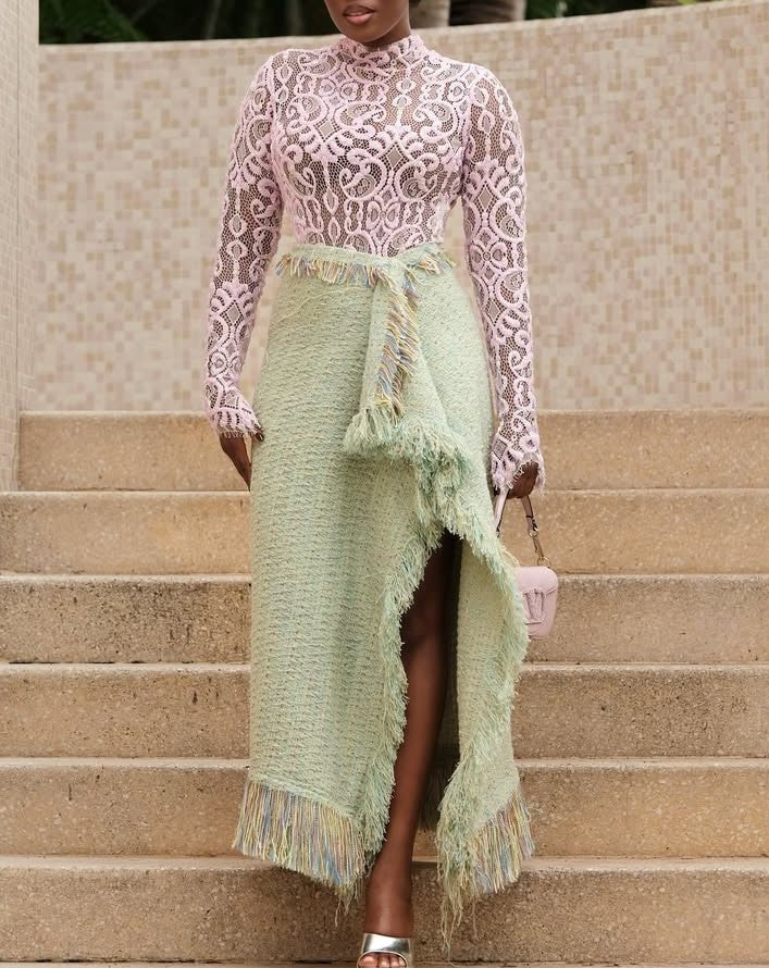 Openwork knit top + knit slit skirt