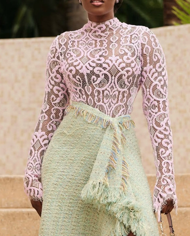 Openwork knit top + knit slit skirt