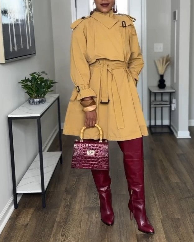 Asymmetrical pleated tie-front trench coat