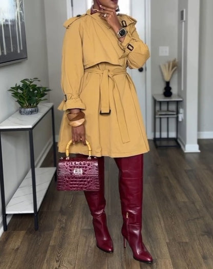 Asymmetrical pleated tie-front trench coat