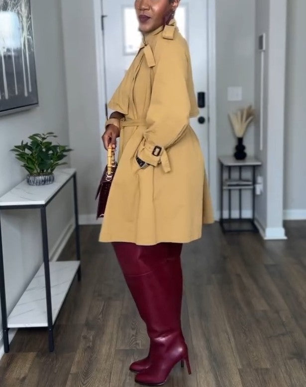 Asymmetrical pleated tie-front trench coat