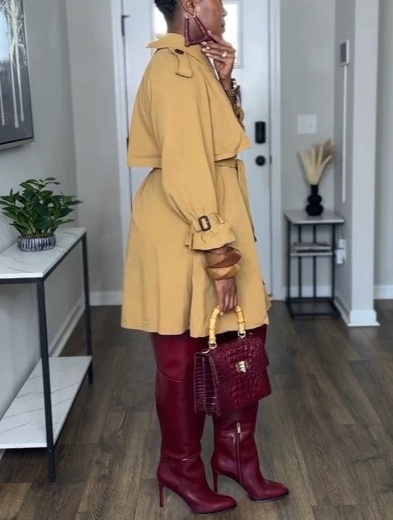 Asymmetrical pleated tie-front trench coat