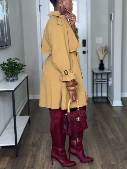 Asymmetrical pleated tie-front trench coat