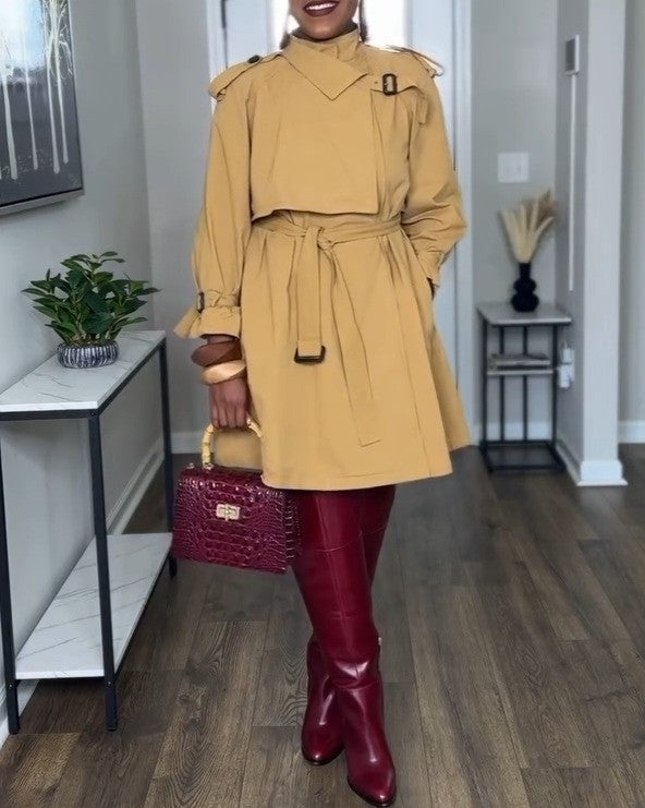 Asymmetrical pleated tie-front trench coat