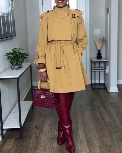 Asymmetrical pleated tie-front trench coat