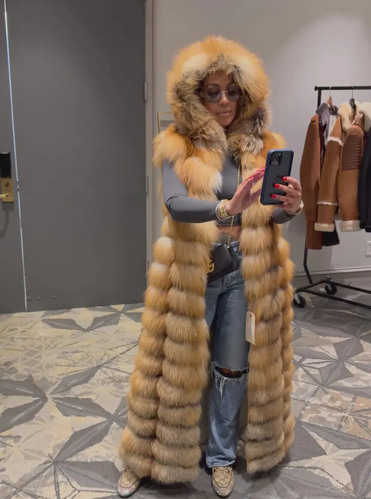 Long Red Fox Hooded Vest