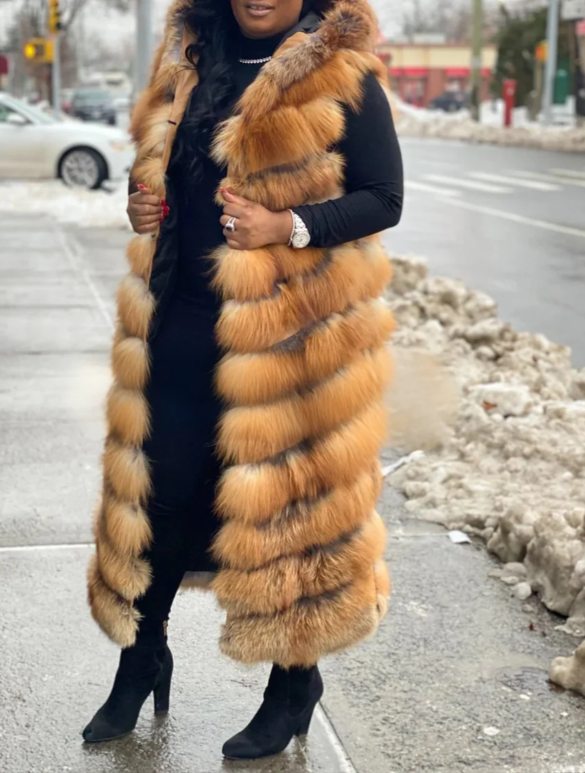 Long Red Fox Hooded Vest