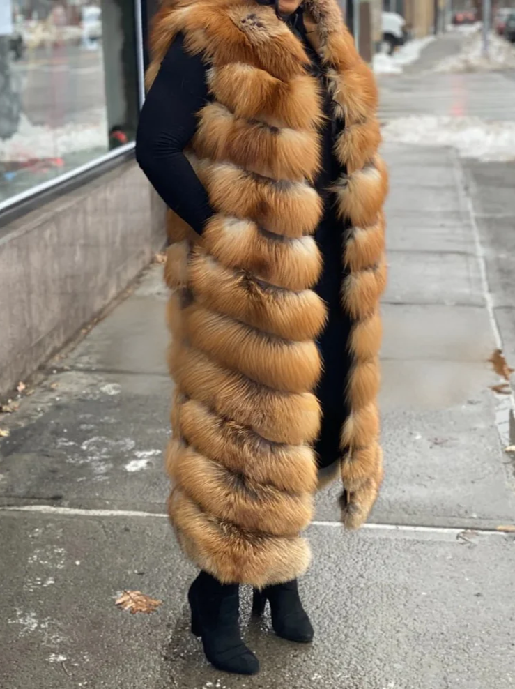Long Red Fox Hooded Vest