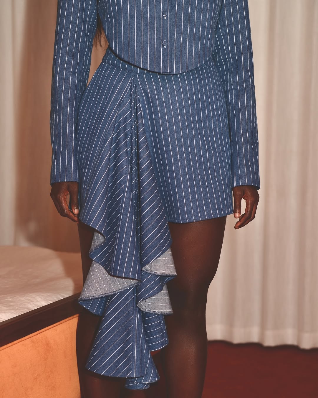 Pinstripe Denim Backless Jacket Set