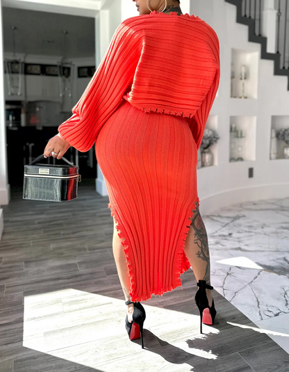 Knit Cardigan and Skirt Two-Piece Set