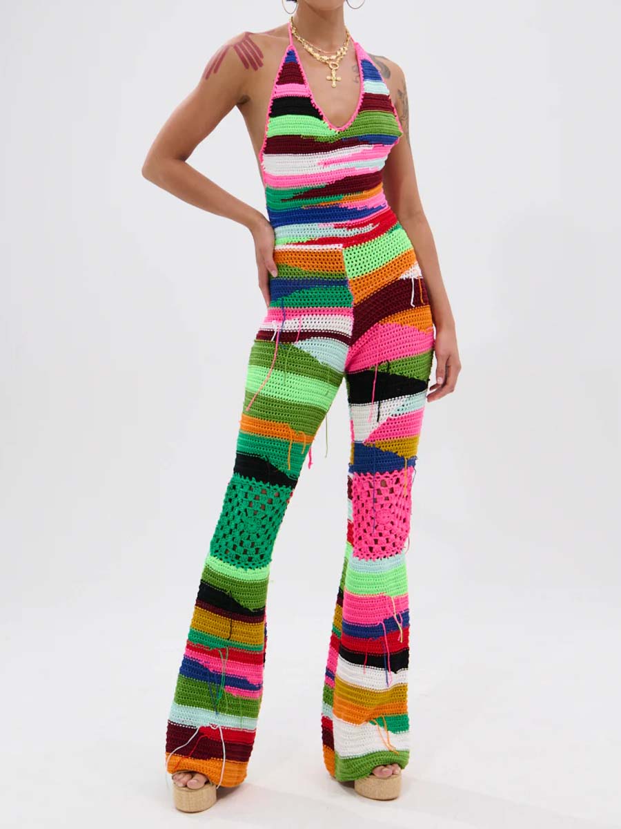 Halter Neck Blackless Knitted Jumpsuit