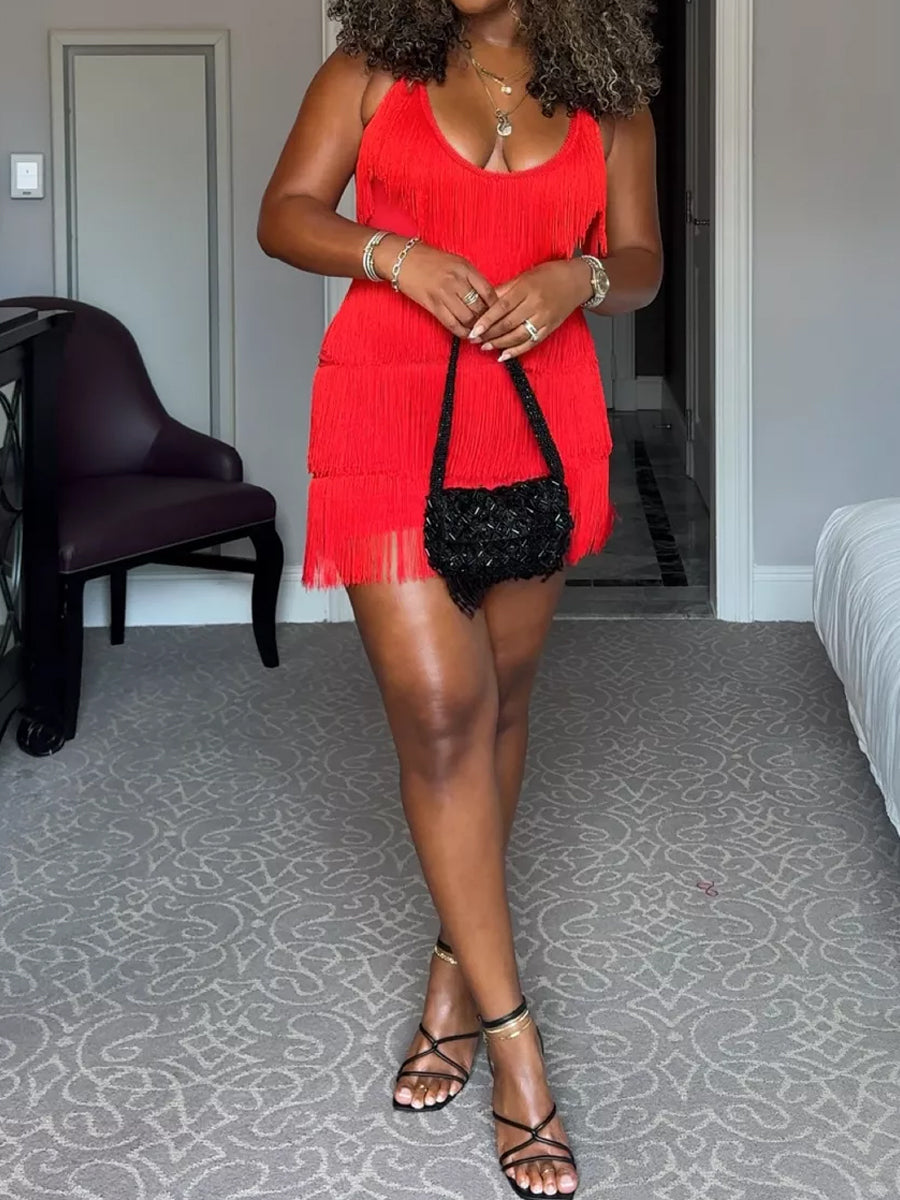 Sexy Fringed Backless Deep V-Neck Dress