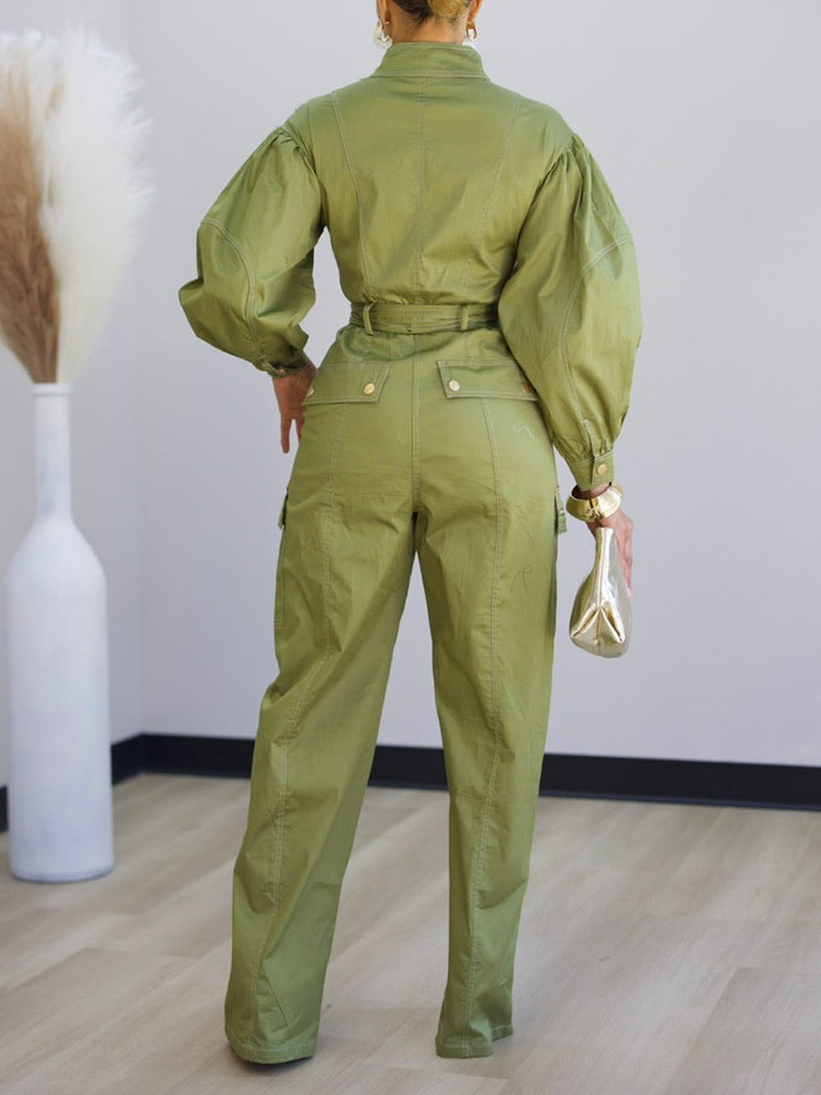 Fashion Pockets Zip Up Belted Jumpsuit