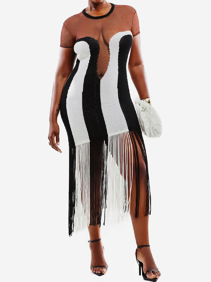 Striped Print Tassel Hem See-through Dress