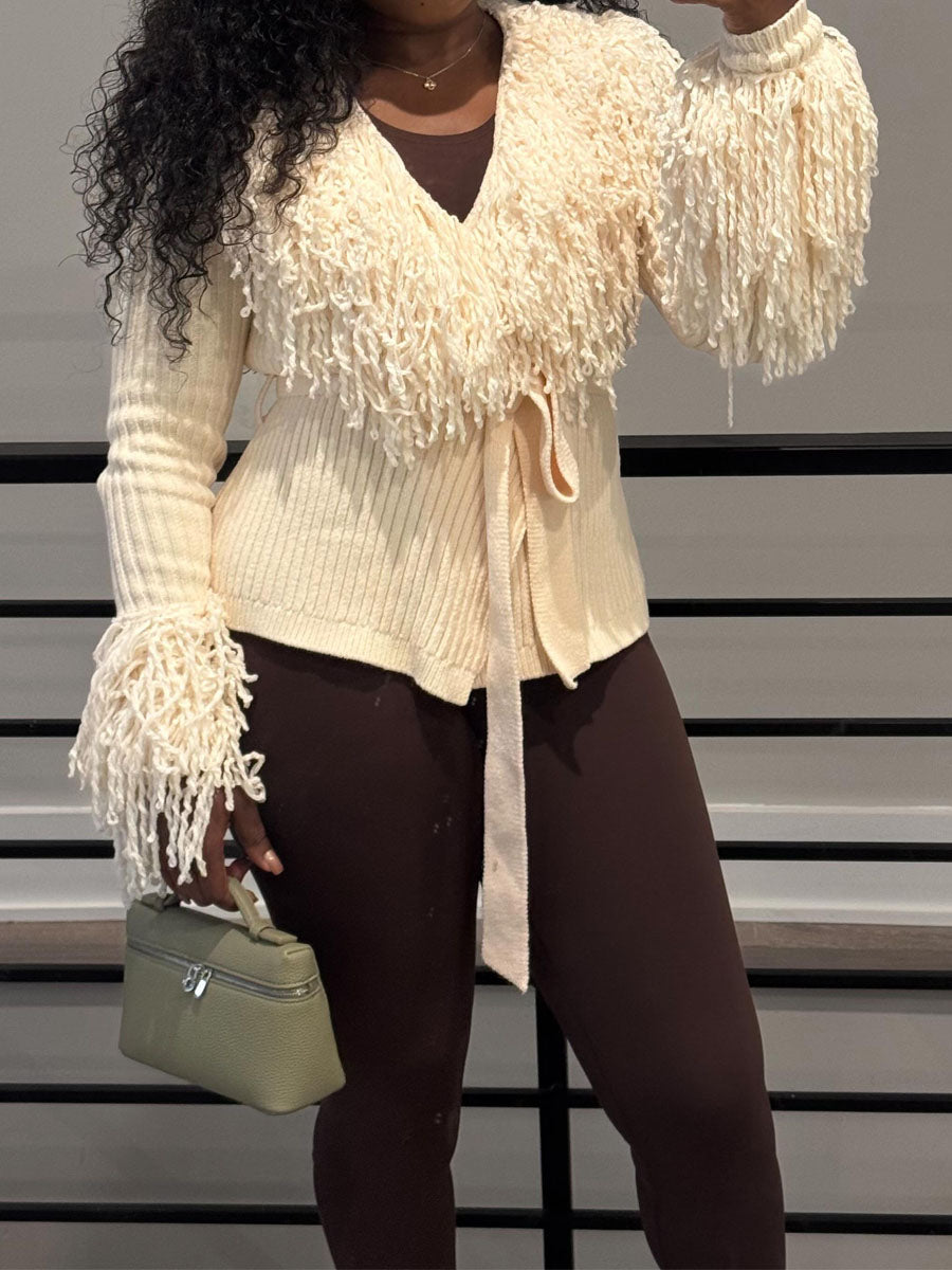 Fringe Tie Waist Knitted Cardigan