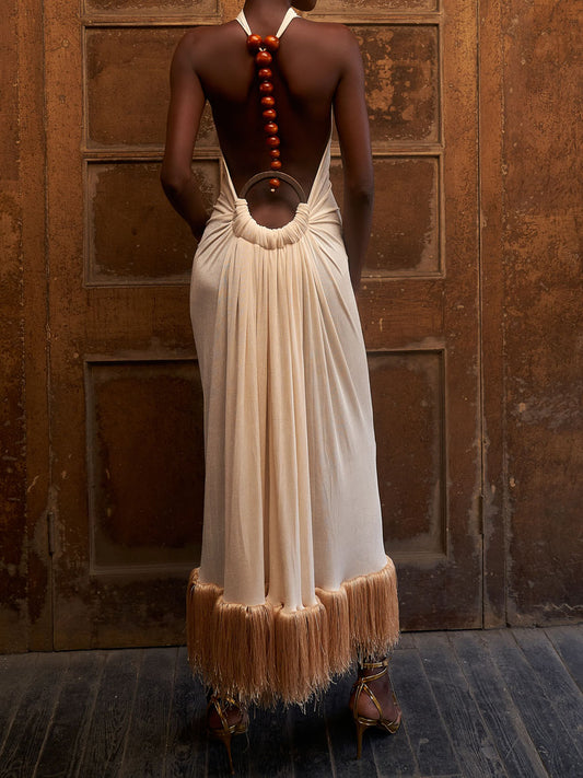 Halter Neck Open Back Fringe Hem Dress